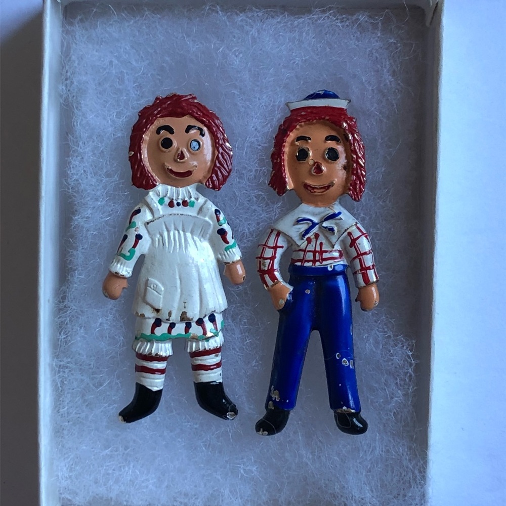 Vtg 1970s Raggedy Ann Andy Set Enamel Pin Brooch